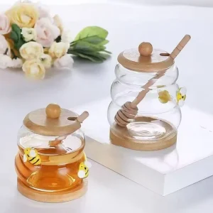 High Borosilicate Glass Honey Jar with Lid Kitchen Storage Jar with Stirring Rod for Jam Storage