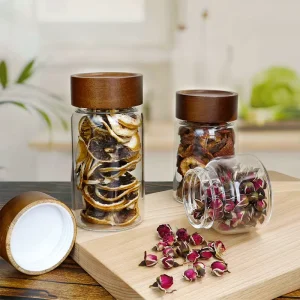 High Borosilicate Glass Storage Jars with Acacia Lids Screen Printed for Coffee Herbs Peppers Spices & Herbal Tea