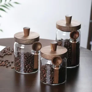High Borosilicate Glass Tank with Wooden Cover and Spoon Custom Logo Transparent Sealed Design for Coffee Coarse Grains Tea Nuts