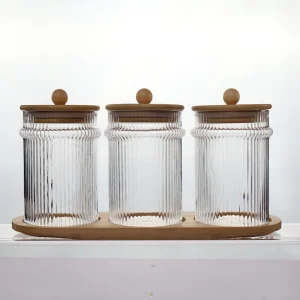 High Borosilicate Round Glass Jars Bamboo Cap Heat-Resistant Striped Design Food-Grade Seasoning Storage Spoon