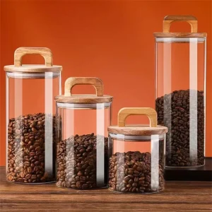 High Borosilicate Round Glass Jars with Bamboo Screw Cap for Coffee Beans and Food Storage 500ml Pack