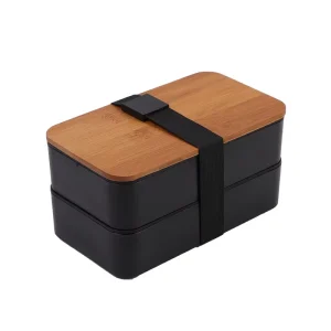 High Capacity Bamboo Fiber 2 Layer Microwavable Kitchen Lunch Box Eco Friendly Reusable Leakproof Wooden Lid Bento Box