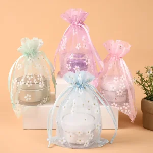 High Density Organza Drawstring Bag Reusable Printed Gift Pouch for Jewelry Sachet Cosmetic Storage Eco Friendly Festival Favors
