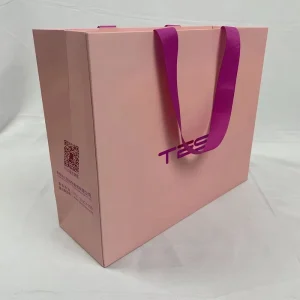 High End Custom Logo Matte Pink Paper Tote Bags with Ribbon Handles for Cosmetics Beauty & Luxury Gifts