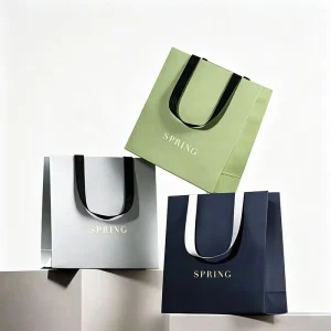 High End Luxury Handmade Coated Heavy Duty Handheld Shopping Bags Cosmetic Gift Packaging Custom Ribbon Handle Eco White