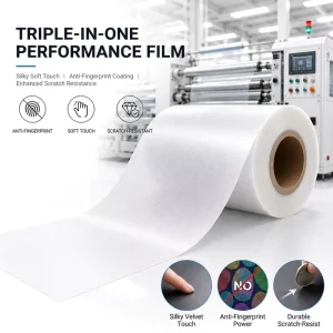 High Grade Food Three in one Functional BOPP Film Anti fingerprint Anti scratch Velvet Matte Luxury Paper Card Lamination 300m
