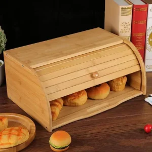 High Quality 2 Layer Bamboo Bread Box Easy Opening Lid Custom Food Storage Container Multifunctional American Carved