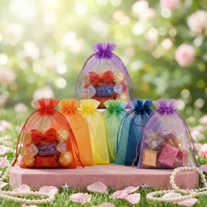 High Quality BOPP Metallic Glossy Tulle Bag Drawstrings Pouches Jewelry Gift Display Organza