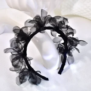 High Quality Dainty Black Ruffled Mesh Floral Headband for Bridal Handmade Organza Flower Wide Padded Hairband YXA444