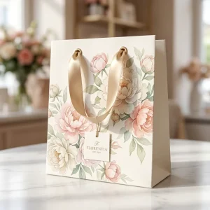 High Quality Durable Biodegradable Watercolor Flower Print Paper Shopping Bag Luxury Peony Pattern Gift Bag with Custom Hang Tag