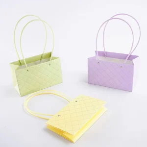 High Quality Eco Friendly Recyclable Luxury Rectangular Macaron Diamond Pattern Handmade Coated Paper Gift Flower Bags