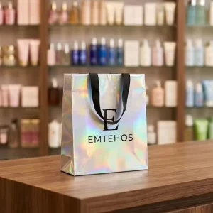 High Quality Recyclable Eco Friendly Luxury Foldable Silver Promotional Paper Shopping Bag Hand Length Handle Lamination for