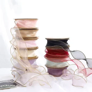 High end 4cm*10Yard Fishtail Yarn Polyester Ribbon Gold Line Wave Curved Edge Bouquet Packaging Organza for Valentine’s Day