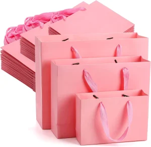 High end Classic Kraft Paper Bags with pink Ribbon Handles for Weddings Holiday Gifts Promotion Customizable
