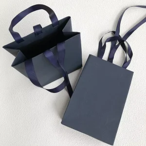 High end Dark Blue Plaid Handbag Fashion Ribbon Jewelry Paper Bag Storage Bag Factory Direct Sale
