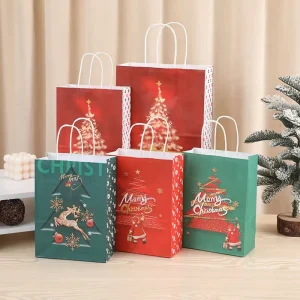 Holiday Print Paper Shopping Bag with Handle Custom Logo Festive Cardboard Carrier Bag for Retail Christmas Gift