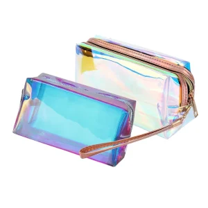 Holographic PVC Makeup Cosmetic Bag Plastic Material Transparent Laser Make up Bag With Zipper
