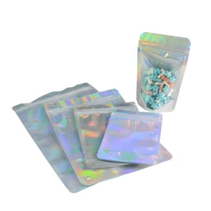 Holographic Plastic Bags Smell Proof Zipper Pouch Stand up Mylar Food Storage Bags for Liquid Oil Nuts Powder