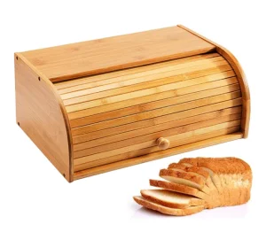 Home Kitchen Restaurant Storage Bread Bin Natural Bread Box Rolling Bamboo Lid Bamboo Bread Box