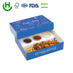 Hongchang Food Grade White Cardboard Salad Box with Sauce Compartment Custom Color Printing Lid and Base Food Packaging