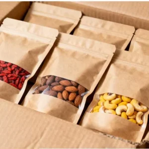 Hot Selling Reusable Kraft Paper Stand up Plastic Packaging Bag with Window Food Grade Plastic Bags for Dried Fruits