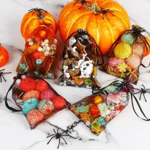 Hot Stamped Spider Web Organza Drawstring Mesh Pouches Halloween Gift Packaging Bags for Candy & Snack Packaging
