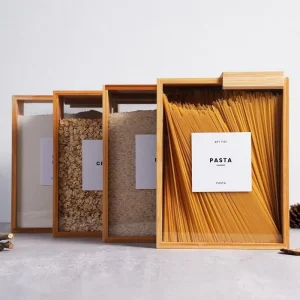 Household Bamboo Wood Sliding Cover Grain Kitchen Food Storage Box Organizer Five grain Rice Noodles Dispenser with Acrylic