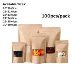 In Stock Big Size Kraft Paper Stand Self Sealing Pouch Moisture Proof Zipper Top Clear Window Waterproof Resealable Food Bag