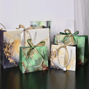 In Stock Marble Print Paper Gift Bag Affordable Luxury Fashion Tote Bags With Ribbon For Boutique Clothing Customization
