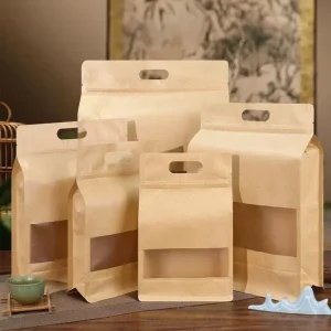In stock Kraft Paper Standup Pouches Viewing Windows Eight side Sealing Gravure Printing for Packaging Spices Coffee Sushi Milk