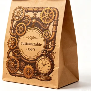 Industrial Gear Retro Steampunk Kraft Bag Reinforced Base Hot Silver Foil Custom Mark Handmade Craft Packing Bag