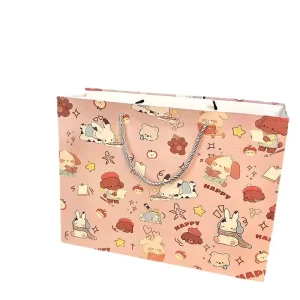 Ins Style Pink Cartoon Rabbit Dog Paper Gift Bags Durable Cord Handle Gift Packaging for Birthday Gift Shopping Store Use