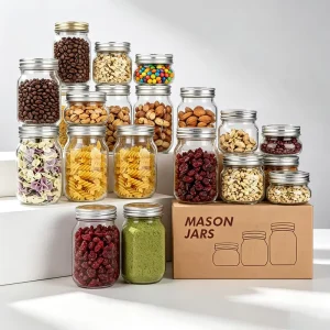 JM Mason Jars With Lid Food Grade Available Different Sizes LFGB Food Clear Glass Kitchen Carton Minimalist