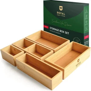 JUNJI WOOD Luxury Bamboo Drawer Organizer Storage Box Multi Use for Kitchen Bathroom Office Desk Makeup Jewelry 5 Boxes