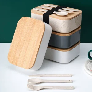 Japanese Style Food Grade Plastic Lunch Box with Bamboo Wood Lid Microwave Safe Student Picnic Bento Container