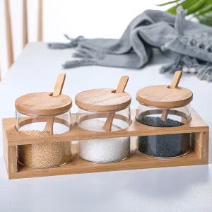 Japanese Style Transparent Glass Bamboo Wooden Lid Seasoning Jar Dustproof Kitchen Storage Box for Sugar Salt & Spices