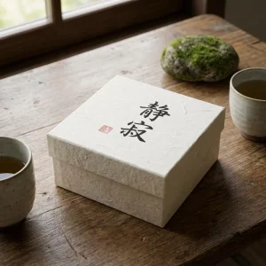 Japanese White Christmas Gift Box Washi Texture Paper with Red Seal & Calligraphy for Business Gift & Porcelain