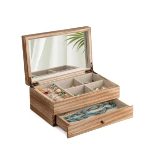 Jewelry Box Organizer 2 Layer Large Storage Case Rustic Wooden Jewelry Box with Mirror&Ring Tray for Necklace Earring Rings