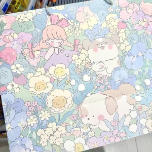 Kawaii Floral Print Gift Paper Bags Sweet Girl Puppy Pattern Portable Hand Bags for Holiday Presents