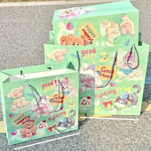 Kawaii Oil Painting Animal Paper Gift Bags Mint Green Cute Puppy Bunny Bear Hand Tote for Birthday Presents