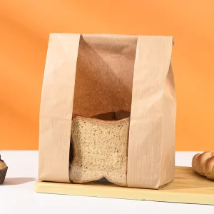 Khpack Custom Design Stand Up Kraft Paper Pouch Windowed Bread and Food Bags for Toast and Promotion