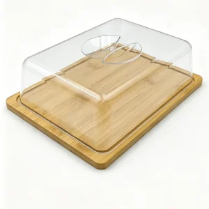 Kitchen Butter Dish Box with Lid Bamboo Rectangle Cheese Board Clear Cover Serving Storage Platter Tray Wooden Serving Tray