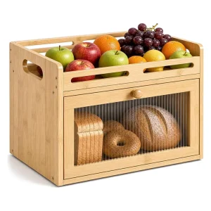 Kitchen Countertop Bamboo Bread Box with Transparent Lid Double layer Wooden Bread Storage Organizer