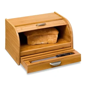 Kitchen Roll Top Wooden Bread Bin With Holder Drawer Food Storage Bamboo Bread Box