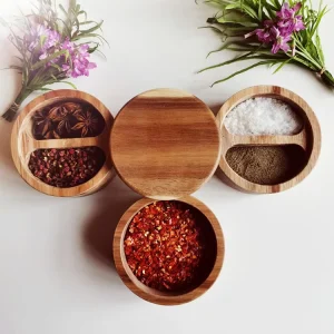Kitchen Round Bamboo Acacia Wooden Salt Pepper Box with Magnetic Swivel Lid