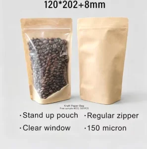 Kraft Paper Bag Zipper Clear Window Stand up Bag for Nut Snack Packaging Food Grade Resealable Pouch