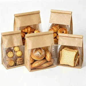 Kraft Paper Bakery Bread Bag Clear Window Food Grade Brown Pastry Cookie Baguette Croissant Sandwich Packaging Pouch