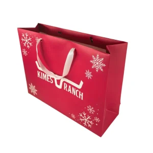 Kraft Paper Biodegradable Durable Custom Print Snowflake Design Ribbon Handheld Shopping Bag