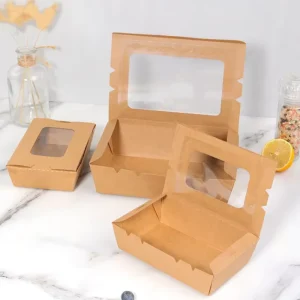 Kraft Paper Food Box Clear Window Disposable Biodegradable Eco Friendly Custom Logo Printed Embossing Bakery Pastry Packaging