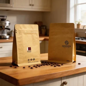 Kraft Paper Stand up Coffee Bean Pouch Custom Logo Printed Bio degradable Packaging Flat Bottom Bag with Resealable Zipper